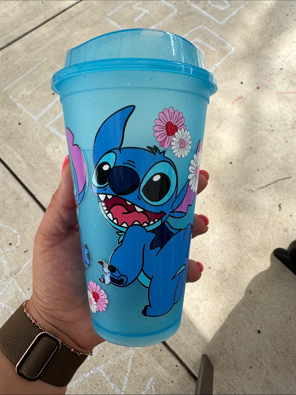 Blue Stitch Glitter Tumbler Cup with Flowers